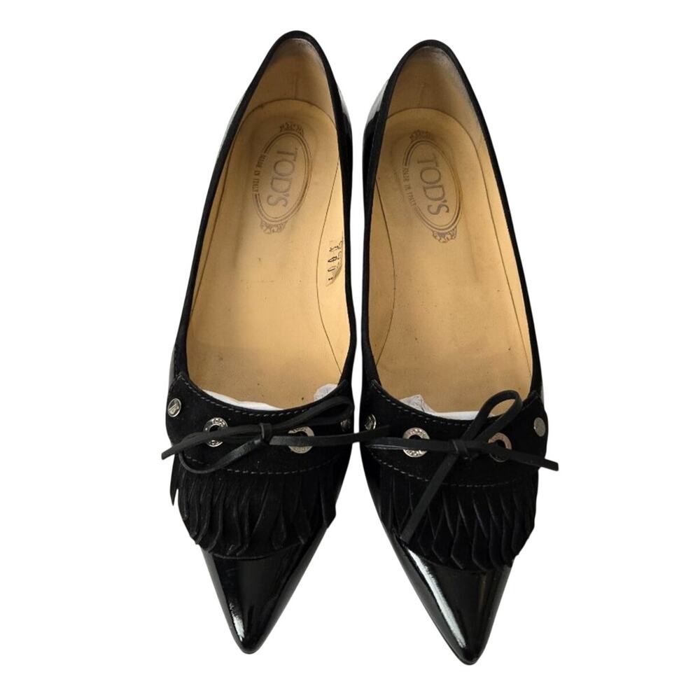 Tod's Aubrey Double Fringe Patent Leather Bow Accent Pointy Ballet Flat Black 10